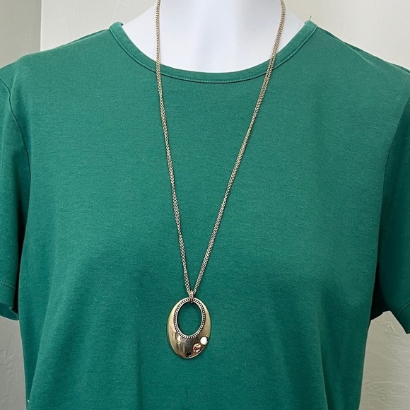 Lia Sophia Gold-tone Dual chain Design Necklace Open Oval Pendant 31" - Picture 1 of 16